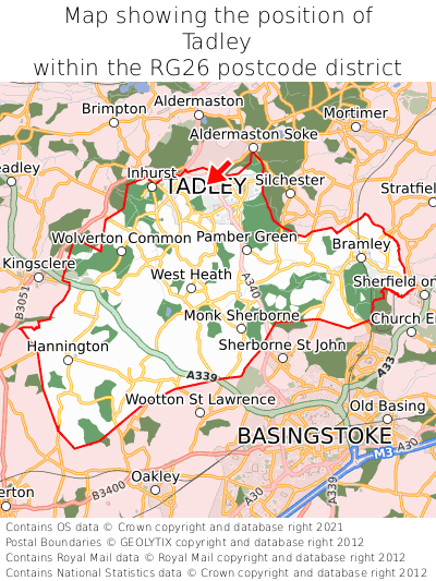 Map showing location of Tadley within RG26