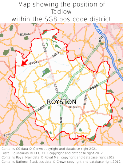 Map showing location of Tadlow within SG8