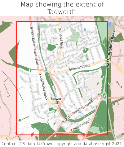 Map showing extent of Tadworth as bounding box