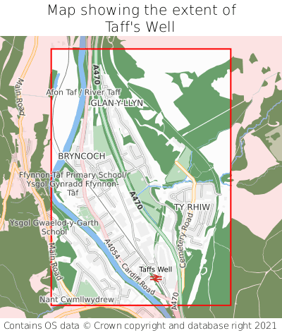 Map showing extent of Taff's Well as bounding box