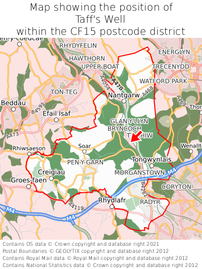 Map showing location of Taff's Well within CF15