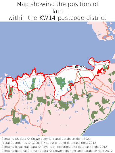 Map showing location of Tain within KW14