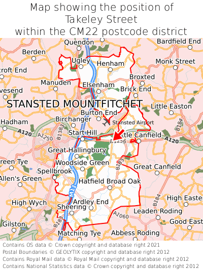 Map showing location of Takeley Street within CM22