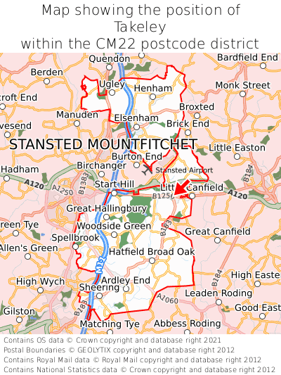 Map showing location of Takeley within CM22