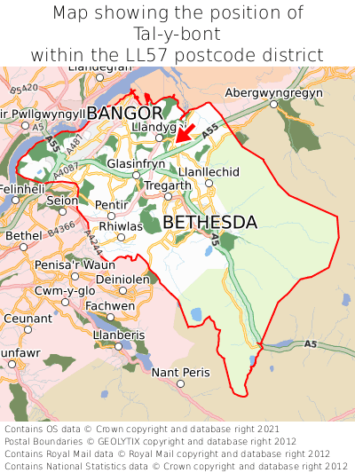 Map showing location of Tal-y-bont within LL57