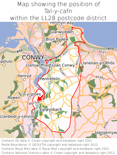 Map showing location of Tal-y-cafn within LL28