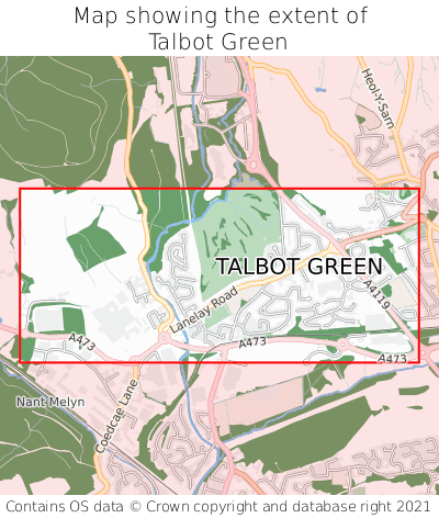 Map showing extent of Talbot Green as bounding box