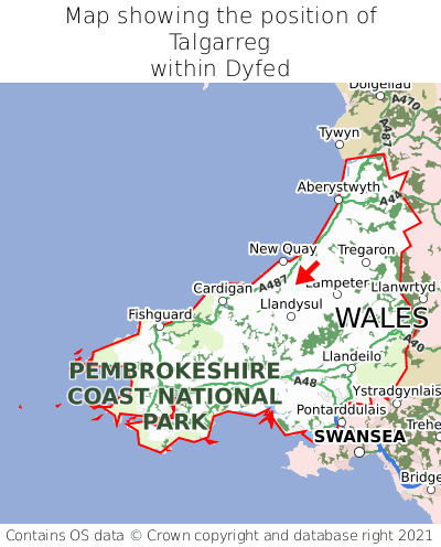 Map showing location of Talgarreg within Dyfed