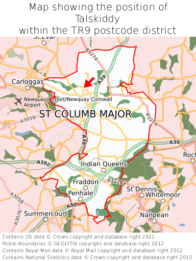 Map showing location of Talskiddy within TR9