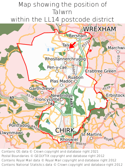 Map showing location of Talwrn within LL14