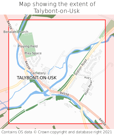 Map showing extent of Talybont-on-Usk as bounding box