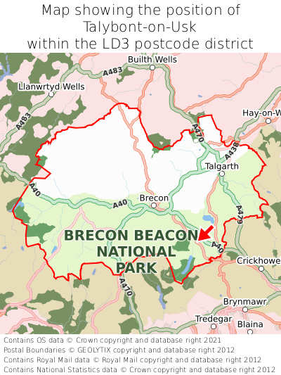 Map showing location of Talybont-on-Usk within LD3