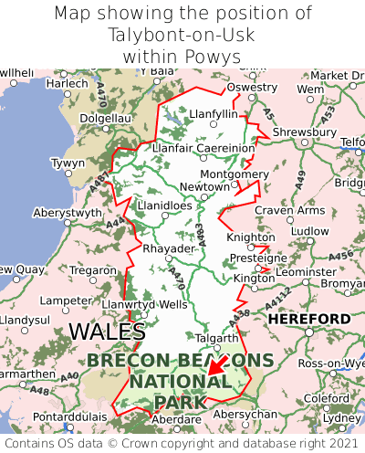 Map showing location of Talybont-on-Usk within Powys