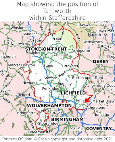 Map showing location of Tamworth within Staffordshire