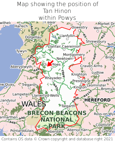 Map showing location of Tan Hinon within Powys