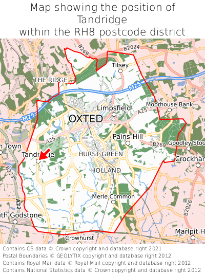 Map showing location of Tandridge within RH8