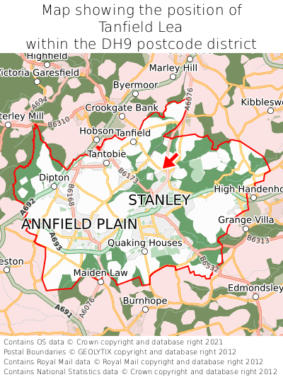 Map showing location of Tanfield Lea within DH9