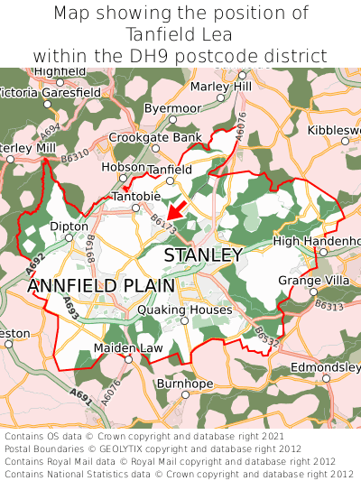 Map showing location of Tanfield Lea within DH9