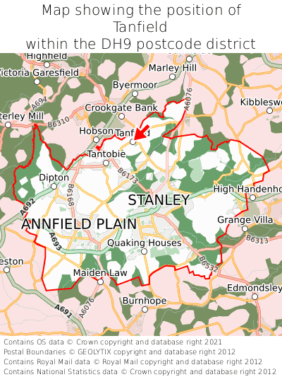 Map showing location of Tanfield within DH9