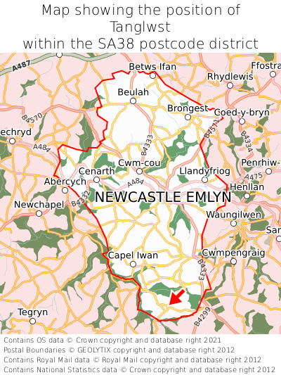 Map showing location of Tanglwst within SA38