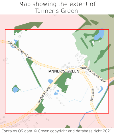 Map showing extent of Tanner's Green as bounding box