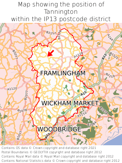 Map showing location of Tannington within IP13