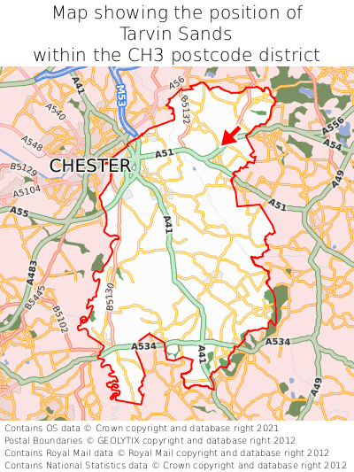 Map showing location of Tarvin Sands within CH3