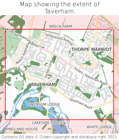 Map showing extent of Taverham as bounding box