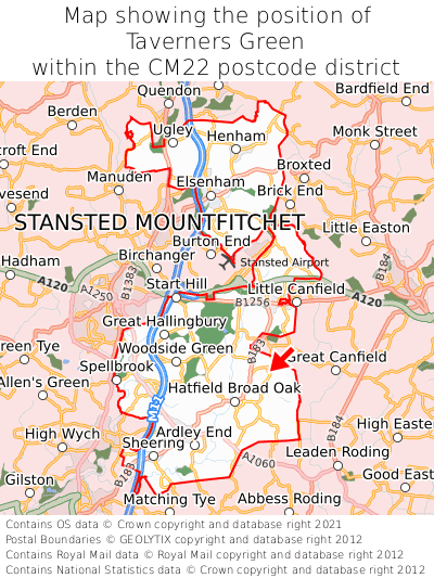 Map showing location of Taverners Green within CM22