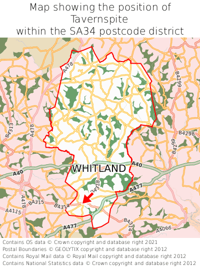 Map showing location of Tavernspite within SA34