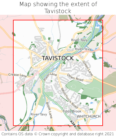 Map showing extent of Tavistock as bounding box