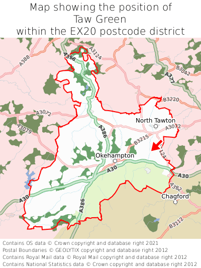 Map showing location of Taw Green within EX20