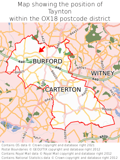 Map showing location of Taynton within OX18