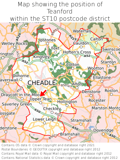 Map showing location of Teanford within ST10
