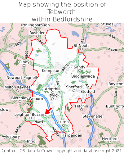 Map showing location of Tebworth within Bedfordshire