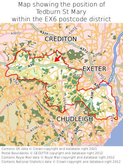 Map showing location of Tedburn St Mary within EX6