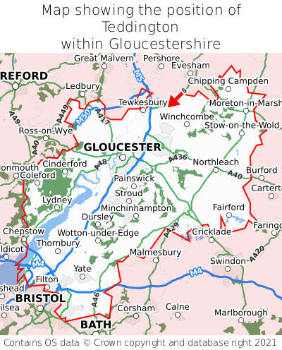 Map showing location of Teddington within Gloucestershire