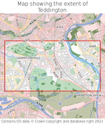 Map showing extent of Teddington as bounding box