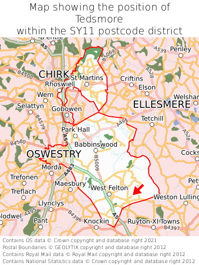 Map showing location of Tedsmore within SY11