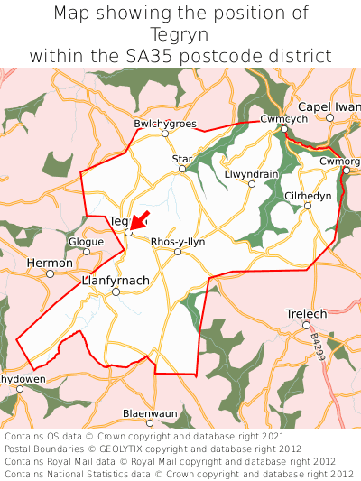 Map showing location of Tegryn within SA35