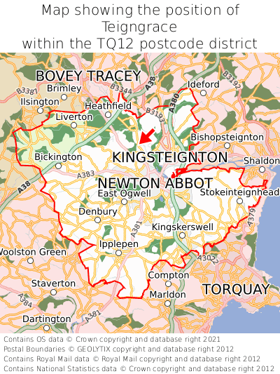 Map showing location of Teigngrace within TQ12