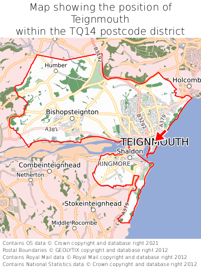 Map showing location of Teignmouth within TQ14