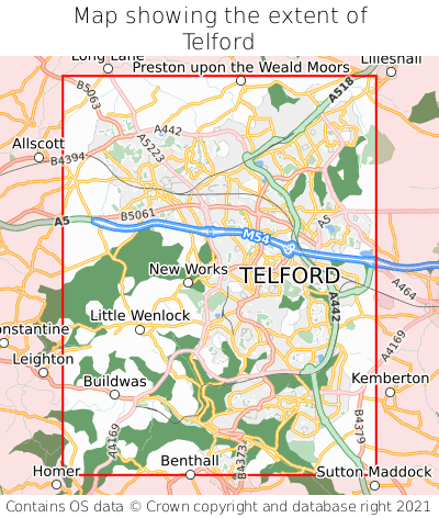 Map showing extent of Telford as bounding box