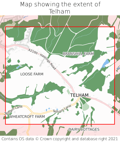 Map showing extent of Telham as bounding box