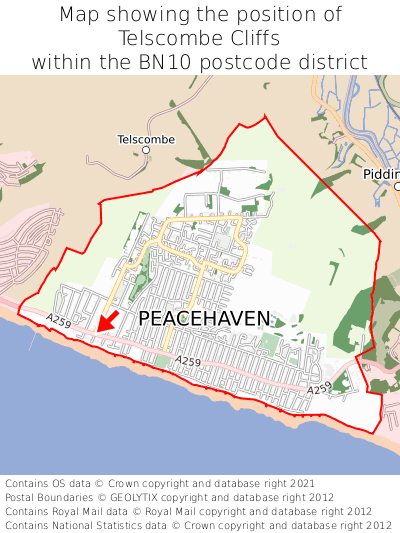 Map showing location of Telscombe Cliffs within BN10