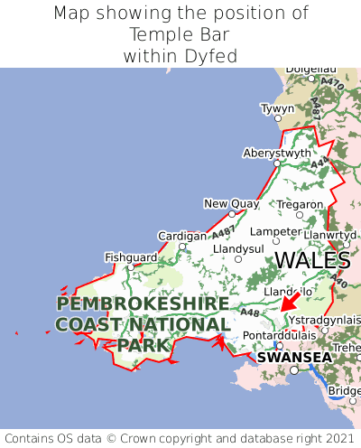 Map showing location of Temple Bar within Dyfed