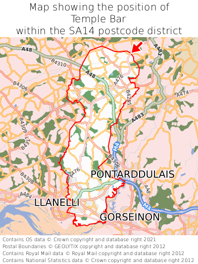 Map showing location of Temple Bar within SA14