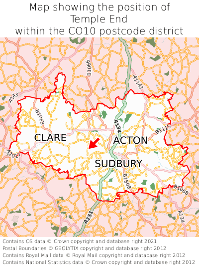 Map showing location of Temple End within CO10