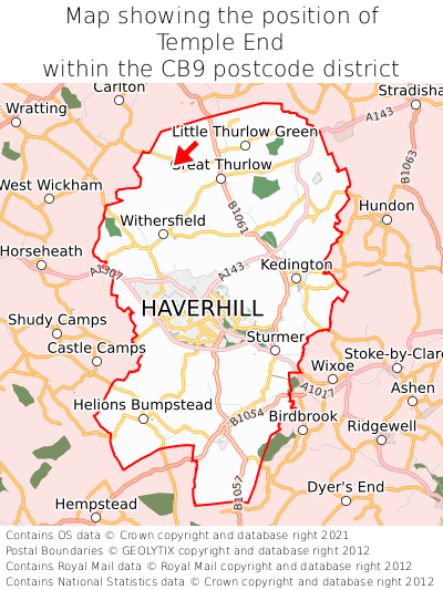 Map showing location of Temple End within CB9