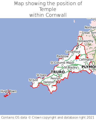 Map showing location of Temple within Cornwall